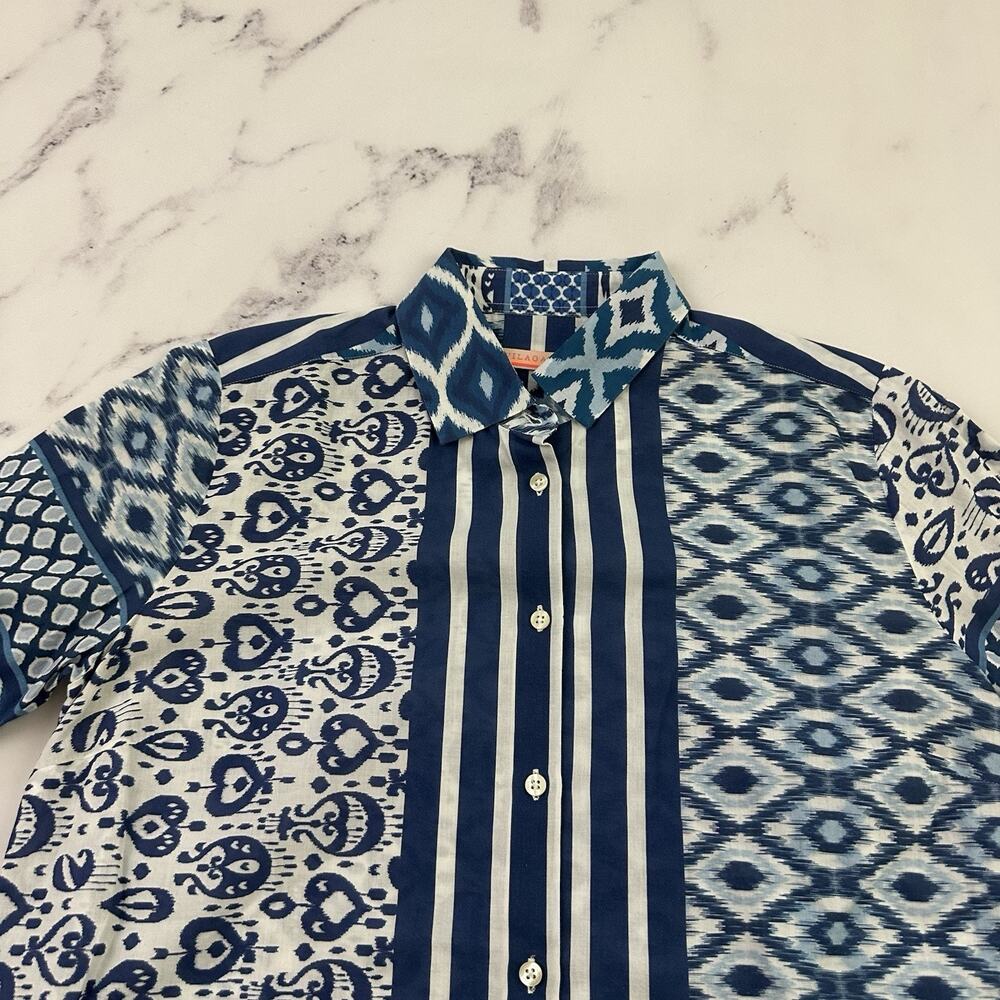 Vilagallo Womens Button Up Top Size 40 M Blue Ikat Stripe Mixed Print Light - Picture 2 of 13